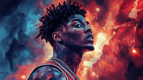 Electric portrait of young man amid blue and orange nebula