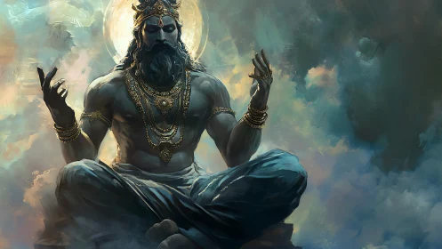 Mystic bearded deity in meditative sky-lit ascension.