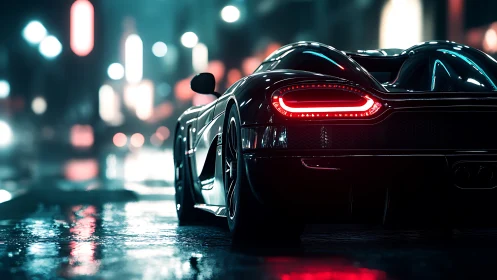 Black supercar on wet neon city street at night scene.