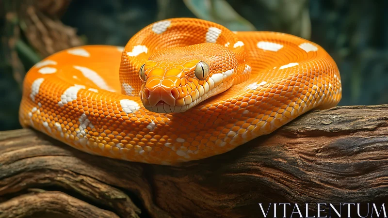Macro study of coiled orange constrictor on textured branch.