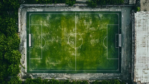 Lonely urban football pitch waits calmly between wild and rust