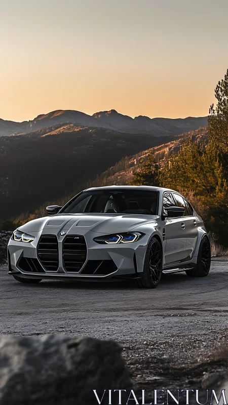 Silver BMW sports sedan parked on mountain roadside at dusk.
