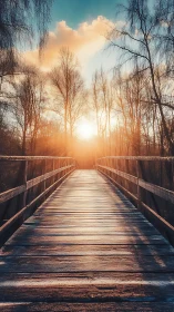 Linear wooden footbridge receding to low winter sun with warm flare