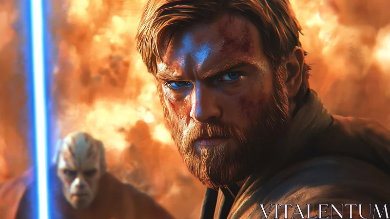 Battle-scarred warrior with blue blade amid firestorm.