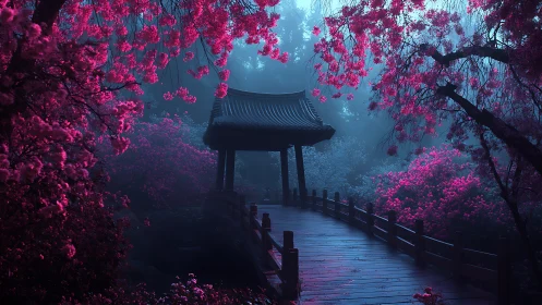 Dreamy garden bridge glowing with misty pink blossoms.