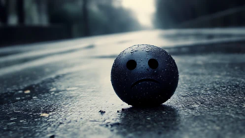 Rain-soaked sad emoticon sphere on empty desaturated road.