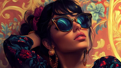 Stylish woman in sunglasses poses against ornate floral wall