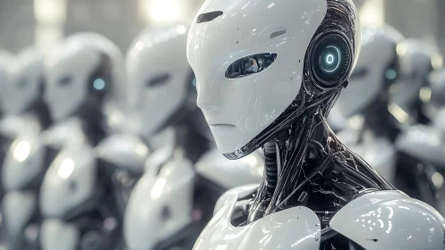 Sleek humanoid robots aligned in a luminous factory hall.