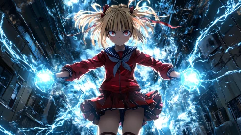 Electric schoolgirl hero unleashing storm-bright power.
