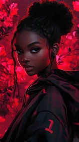 Digital portrait of woman in dark jacket with red foliage.