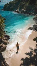 Solitary Traveler Descending to Tropical Paradise Beach.