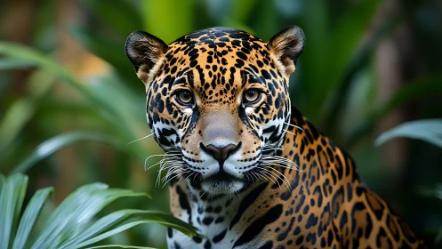 Golden jaguar gazes calmly from lush rainforest leaves