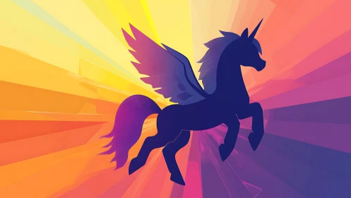 Winged unicorn silhouette leaps through radiant neon sky.