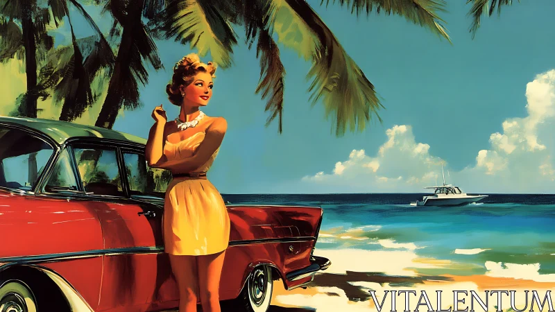 Sunlit retro beach moment sparkles with carefree summer charm