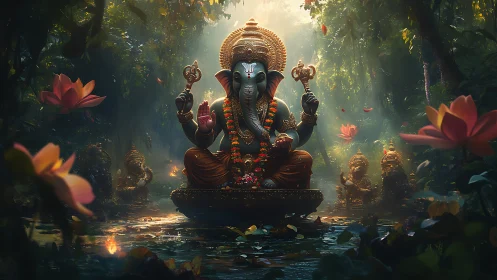 Ornate Ganesha deity rendered in luminous rainforest chiaroscuro