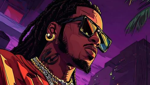 Neon-lit urban portrait of man in vector-style shading and gloss