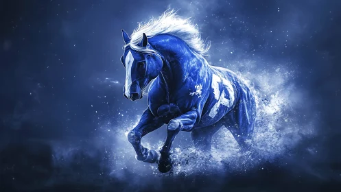 High-contrast blue stallion rendered with dynamic particle splash effects