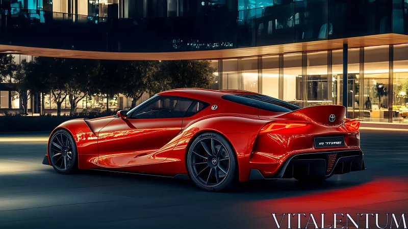 Sleek red sports coupe glows against modern glass offices at dusk