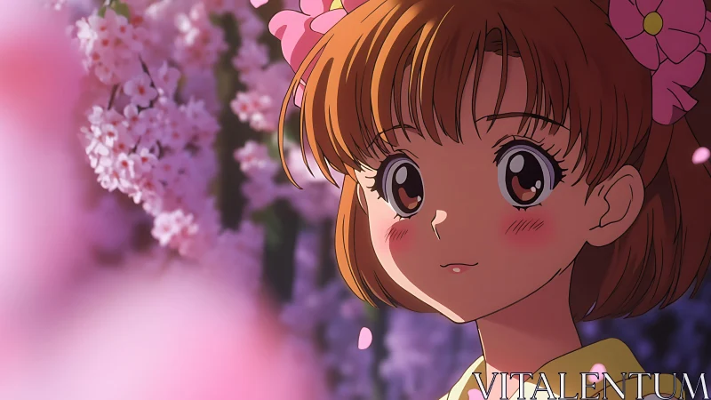 Springtime anime portrait framed by soft pink blossoms.