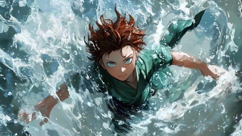 Red haired figure moving through turbulent water surface.