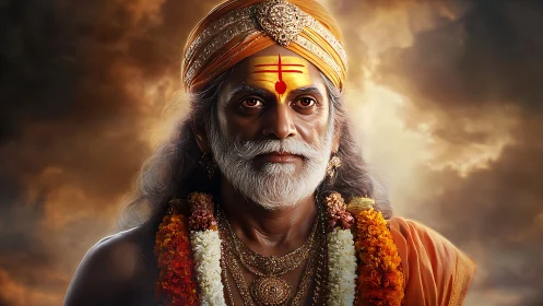 Regal Hindu sage portrait under storm-lit golden sky