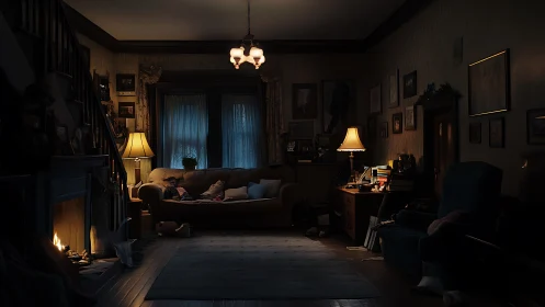 Domestic living room at night illuminated by warm lamplight