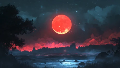 Crimson supermoon rises over misty lakeside forest at night.
