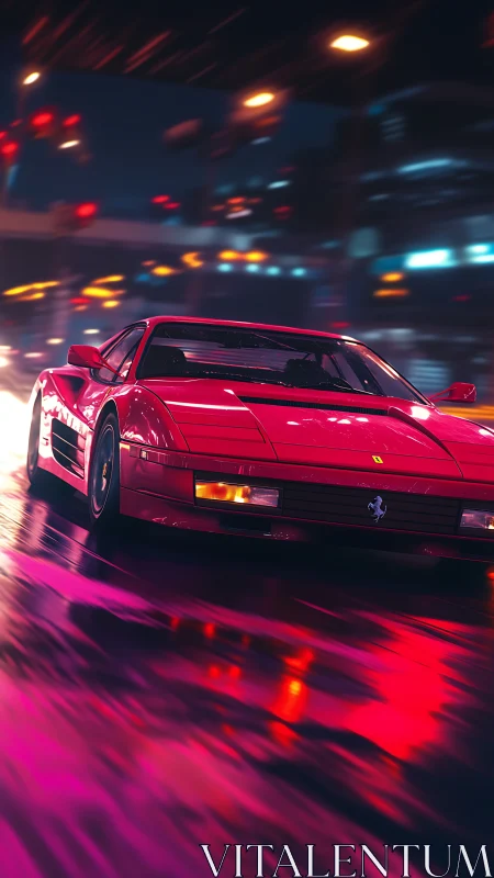 Red mid‑engine sports coupe in neon‑lit urban velocity field.