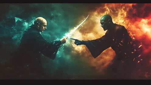 Opposing robed figures in glowing energy duel confrontation.