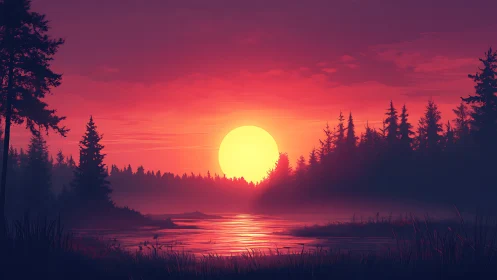 Vivid red sunset over calm forest lake with silhouettes