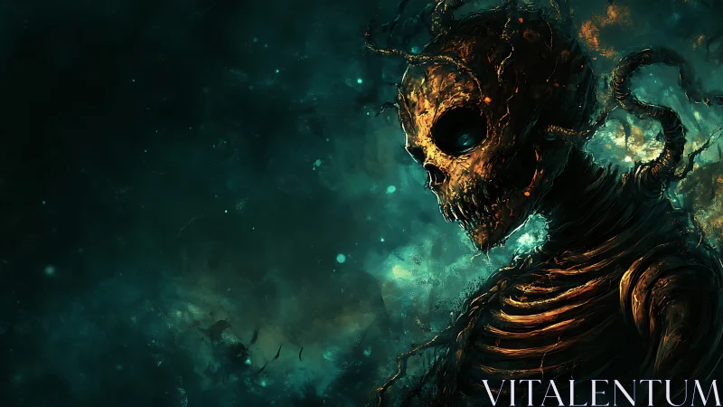 Bioluminescent skeletal entity in abyssal teal atmosphere.