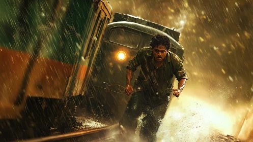 Rain-drenched sprint beside tilting train in golden storm.