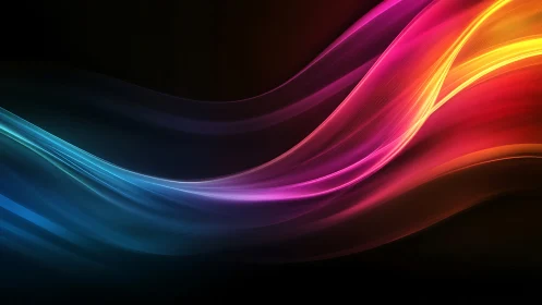 Chromatic light waves curve across a deep black digital void