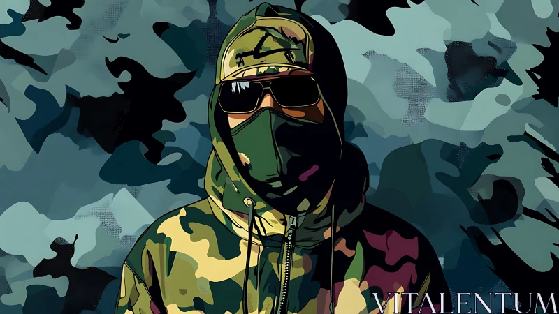 Camouflage hooded figure in bold digital vector style.