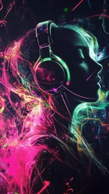 Profile silhouette with headphones amid neon light trails