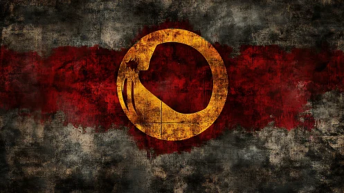 Grunge emblem composition with distressed circular insignia.