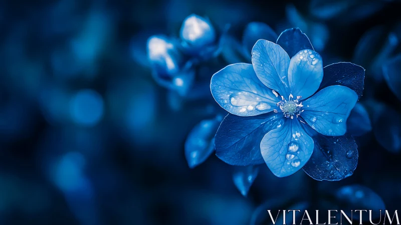 Delicate blue flowers with dew drops glistening in darkness