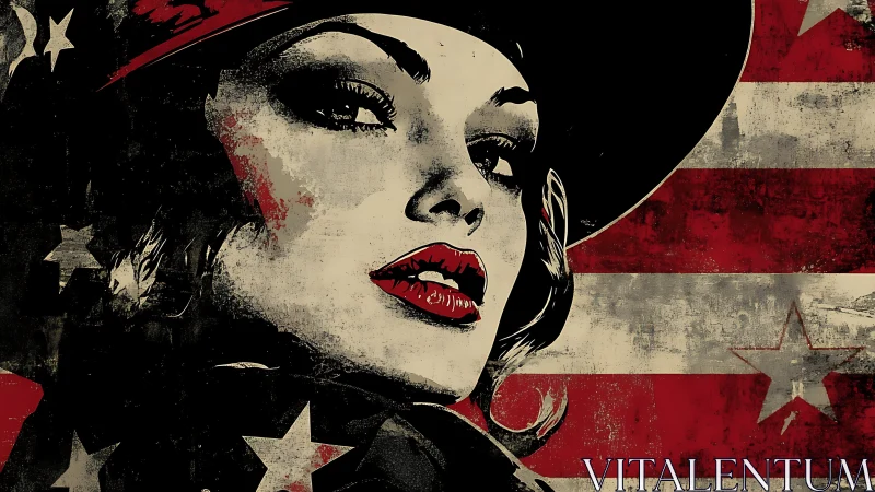 Bold retro portrait against worn red and white stripes.