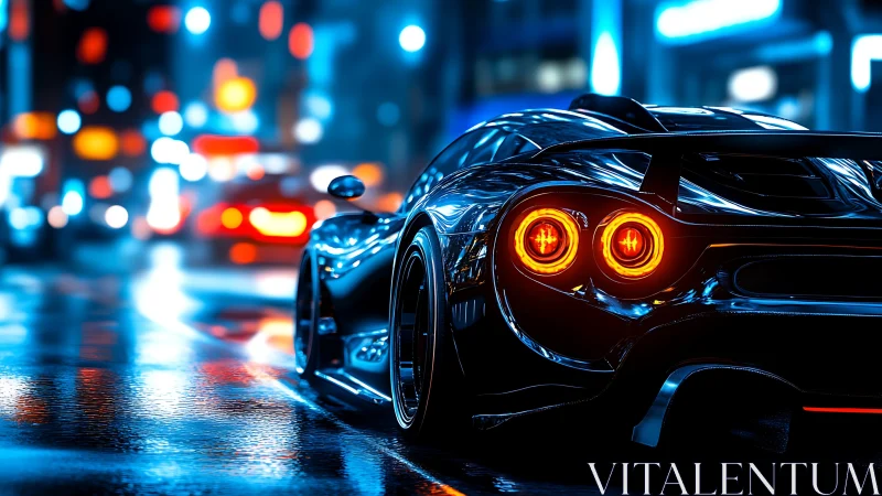 Cyberpunk supercar rear profile in neon urban nightscape.