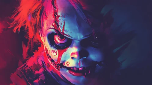Neon nightmare doll grinning through bruised midnight glow.