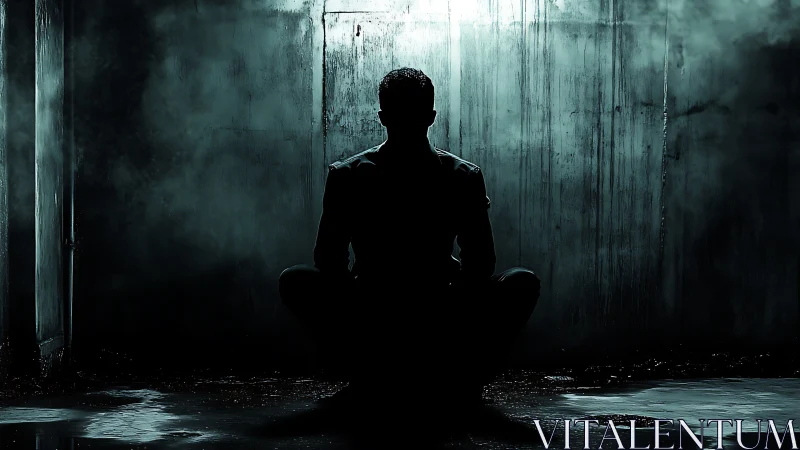 Backlit solitary figure seated in moody industrial corridor