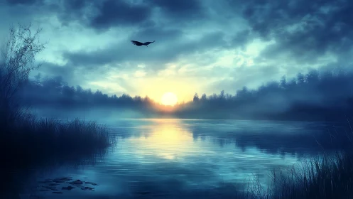 Gentle misty sunrise over a quiet lake and distant forest.