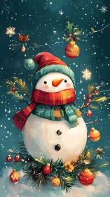 Cheerful scarfed snowman juggling bright Christmas baubles.