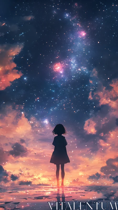 Silhouetted girl observes nebular sky over reflective water