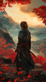 Lone samurai surveys crimson valley beneath ember skies.
