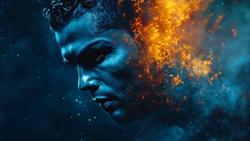 Bioluminescent male portrait dissolving into asymmetric fire plume