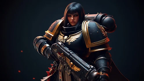 Stoic sci fi warrior in ornate black and gold armor stands firm.