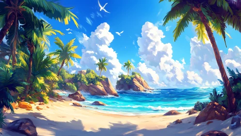 Tropical Island Paradise: Digital Illustration.