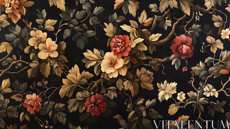 Floral branches over dark background in repeating layout.