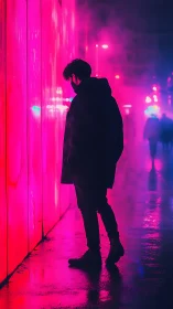 Solitary masked figure in neon magenta fog on wet city street